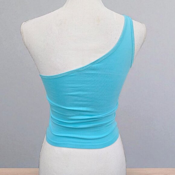 Bebe One-Shoulder Rhinestone Tank | Sky Blue Y2K Logo Diva XS - Picture 2 of 10